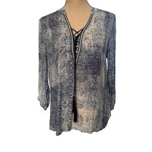 SMITH & SOUL TOP TUNIC BLUE WHITE 3/4 SLEEVE CRISSCROSS TIE NECK TASSEL SIZE M